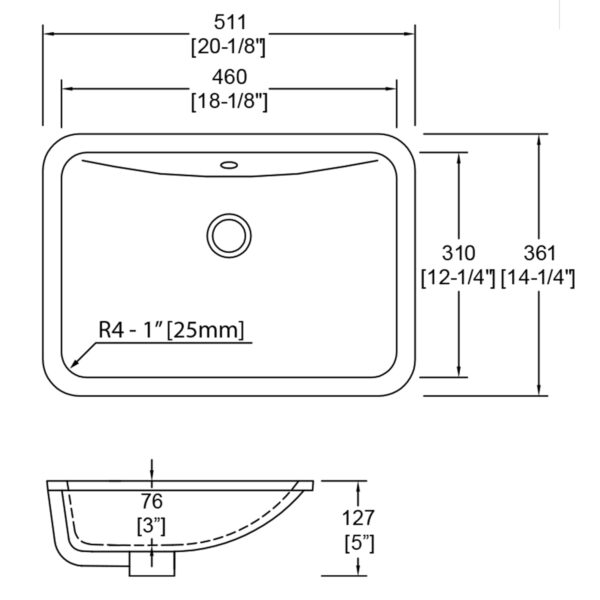 18″ x 12″ Porcelain Undermount Rectangle Lavatory Sink - Dakota Sinks