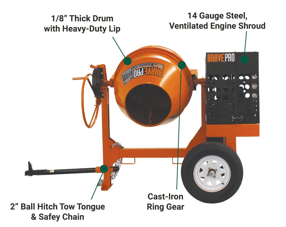 Brave Concrete Mixer | 9 Cu. Ft. Steel Drum | Honda GX270 - Brave