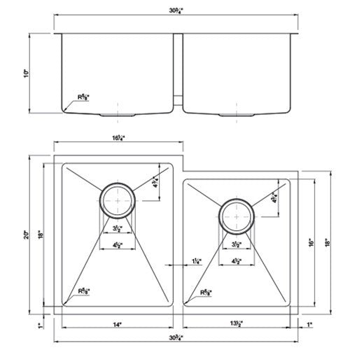 Dakota Sinks DSM-6040-1 Signature M-Series 30 3/4 Inch Micro Radius 60/40 Offset Double Bowl Undermount Kitchen Sink with Bottom Grid - Dakota Sinks