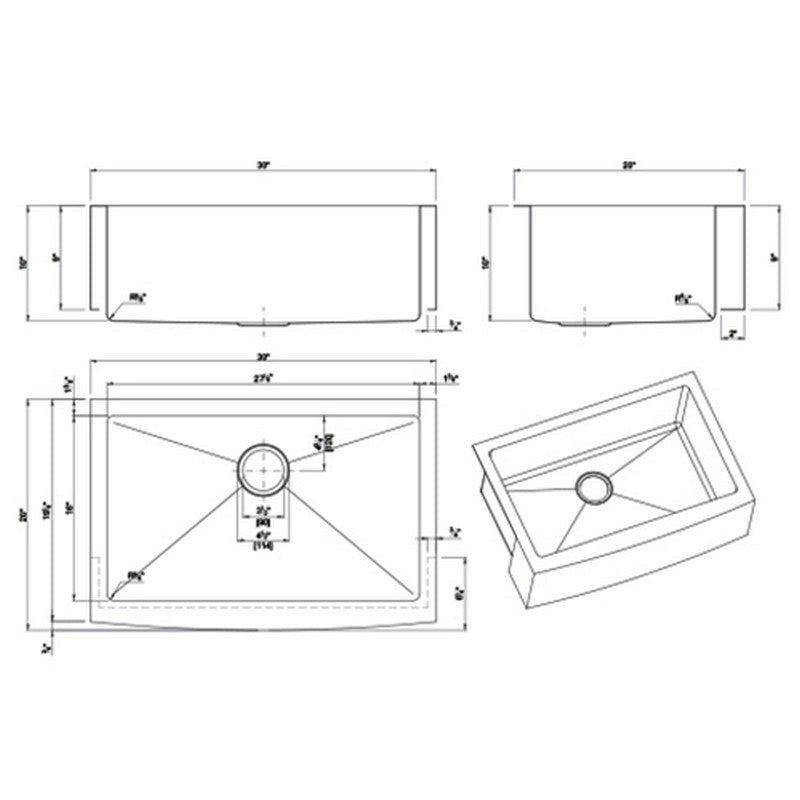 Dakota Sinks DSM-A3020 Signature M-Series 30 x 10 Inch Micro Radius Single Bowl Apron Front Kitchen Sink with Bottom Grid - Dakota Sinks