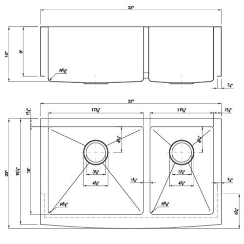 Dakota Sinks DSM-A6040 Signature M-Series 33 Inch Micro Radius 60/40 Double Bowl Apron Front Kitchen Sink with Bottom Grid - Dakota Sinks