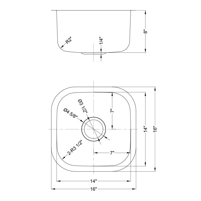 Dakota Sinks DSR-1616 Signature R-Series 16 Inch Standard Radius Single Bowl Undermount Stainless Steel Square Bar Sink with Bottom Grid - Dakota Sinks