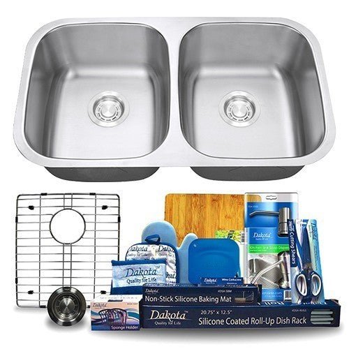 Dakota Sinks DSR-5050 Signature R-Series 32 1/4 Inch Standard Radius 40/60 Offset Double Bowl Undermount Stainless Steel Kitchen Sink with Bottom Grid - Dakota Sinks