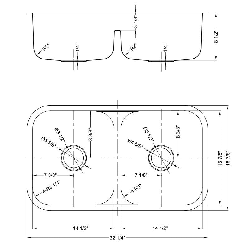 Dakota Sinks DSR-5050LD Signature R-Series 32 1/4 Inch Standard Radius 50/50 Low Divide Double Bowl Undermount Stainless Steel Kitchen Sink with Bottom Grid - Dakota Sinks