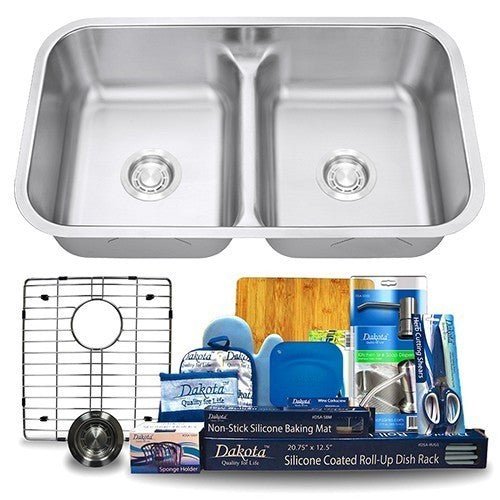 Dakota Sinks DSR-5050LD Signature R-Series 32 1/4 Inch Standard Radius 50/50 Low Divide Double Bowl Undermount Stainless Steel Kitchen Sink with Bottom Grid - Dakota Sinks