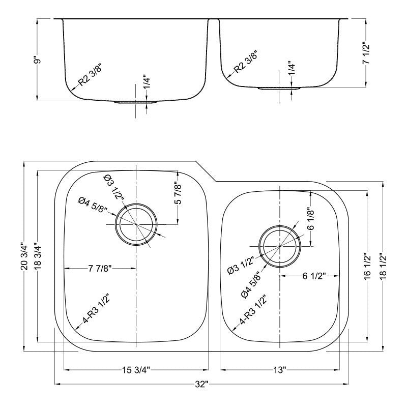 Dakota Sinks DSR-6040 Signature R-Series 32 Inch Standard Radius 60/40 Offset Double Bowl Undermount Stainless Steel Kitchen Sink with Bottom Grid - Dakota Sinks