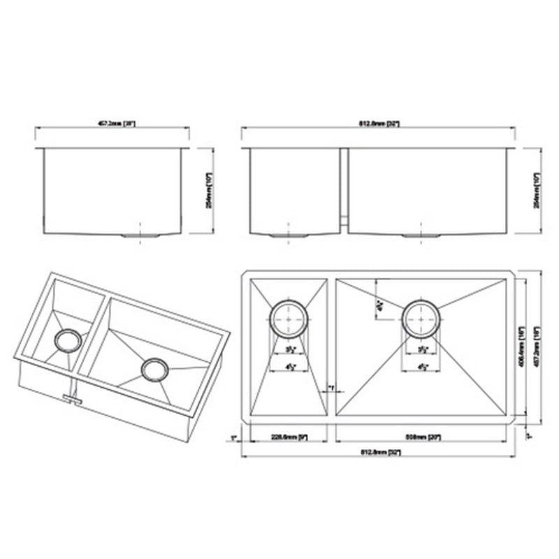 Dakota Sinks DSZ-3070 Signature Z-Series 32 Inch Zero Radius 30/70 Double Bowl Undermount Stainless Steel Kitchen Sink with Bottom Grid - Dakota Sinks