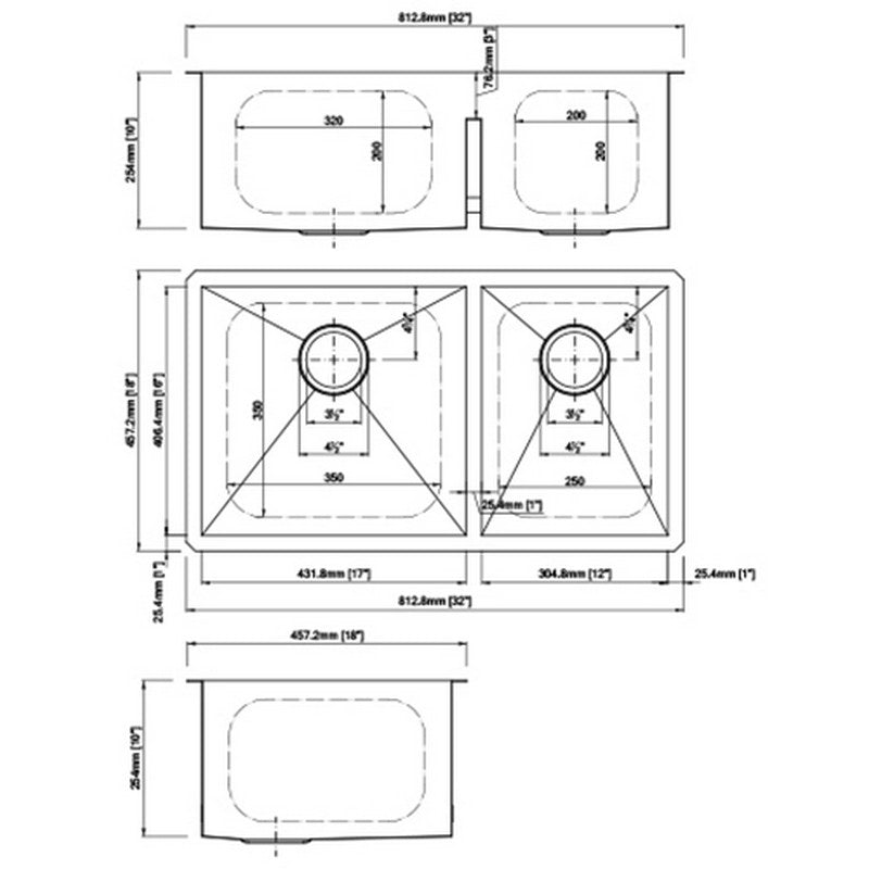 Dakota Sinks DSZ-6040LD Signature Z-Series 32 Inch Zero Radius 50/50 Low Divide Double Bowl Undermount Stainless Steel Kitchen Sink with Bottom Grid - Dakota Sinks