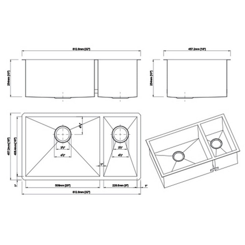 Dakota Sinks DSZ-7030 Signature Z-Series 32 Inch Zero Radius 70/30 Double Bowl Undermount Stainless Steel Kitchen Sink with Bottom Grid - Dakota Sinks