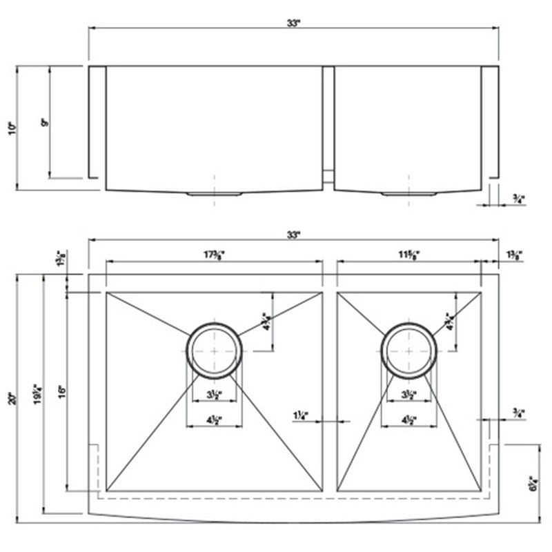 Dakota Sinks DSZ-A6040 Signature Z-Series 33 Inch Zero Radius 60/40 Double Bowl Apron Front Stainless Steel Kitchen Sink with Bottom Grid - Dakota Sinks