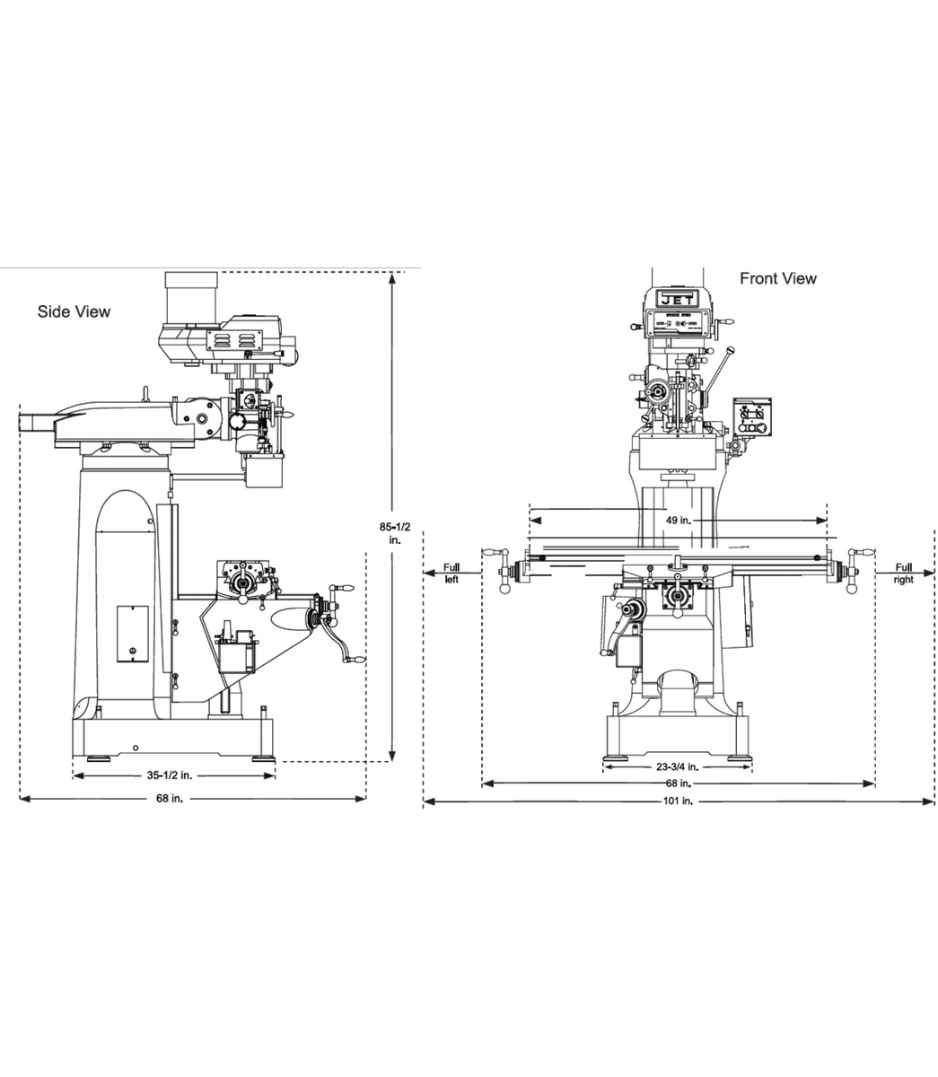 EVS-949 Mill with 2-Axis ACU-RITE 203 DRO and Servo X, Y, Z-Axis Powerfeeds - Jet