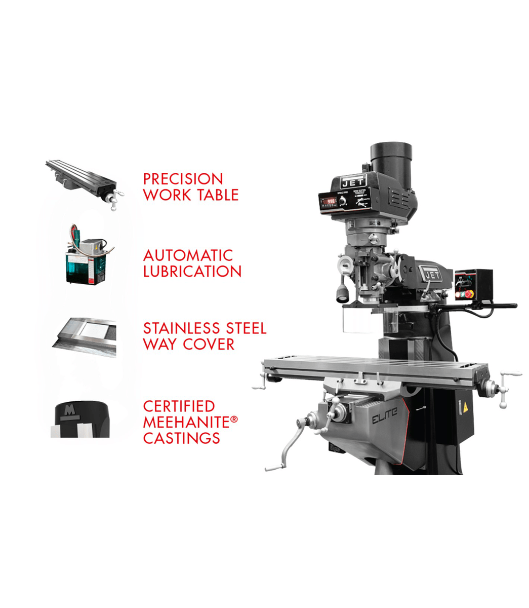 EVS-949 Mill with 2-Axis ACU-RITE 203 DRO and Servo X, Y, Z-Axis Powerfeeds - Jet