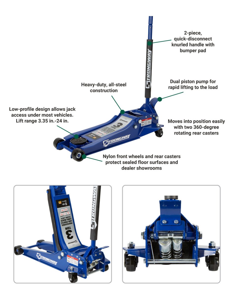 Strongway | Long-Reach Low-Profile Professional Service Floor Jack | 3-Ton Capacity - Strongway